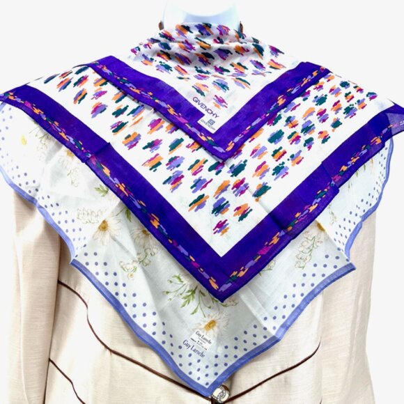 New Tag  2 Handker/MiniScarf 18"  Givenchy & Guys Lanoche Purple Green Flora(31) - Picture 2 of 8